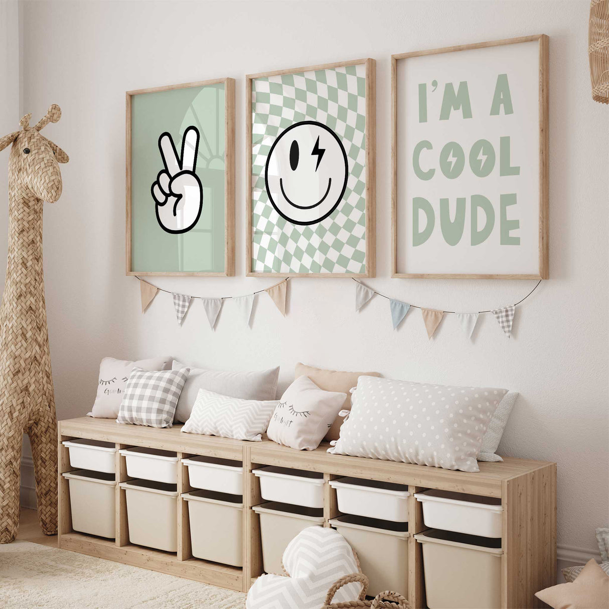 Boys bedroom wall art set of 3 prints including quote, smiley, and peace sign designs.