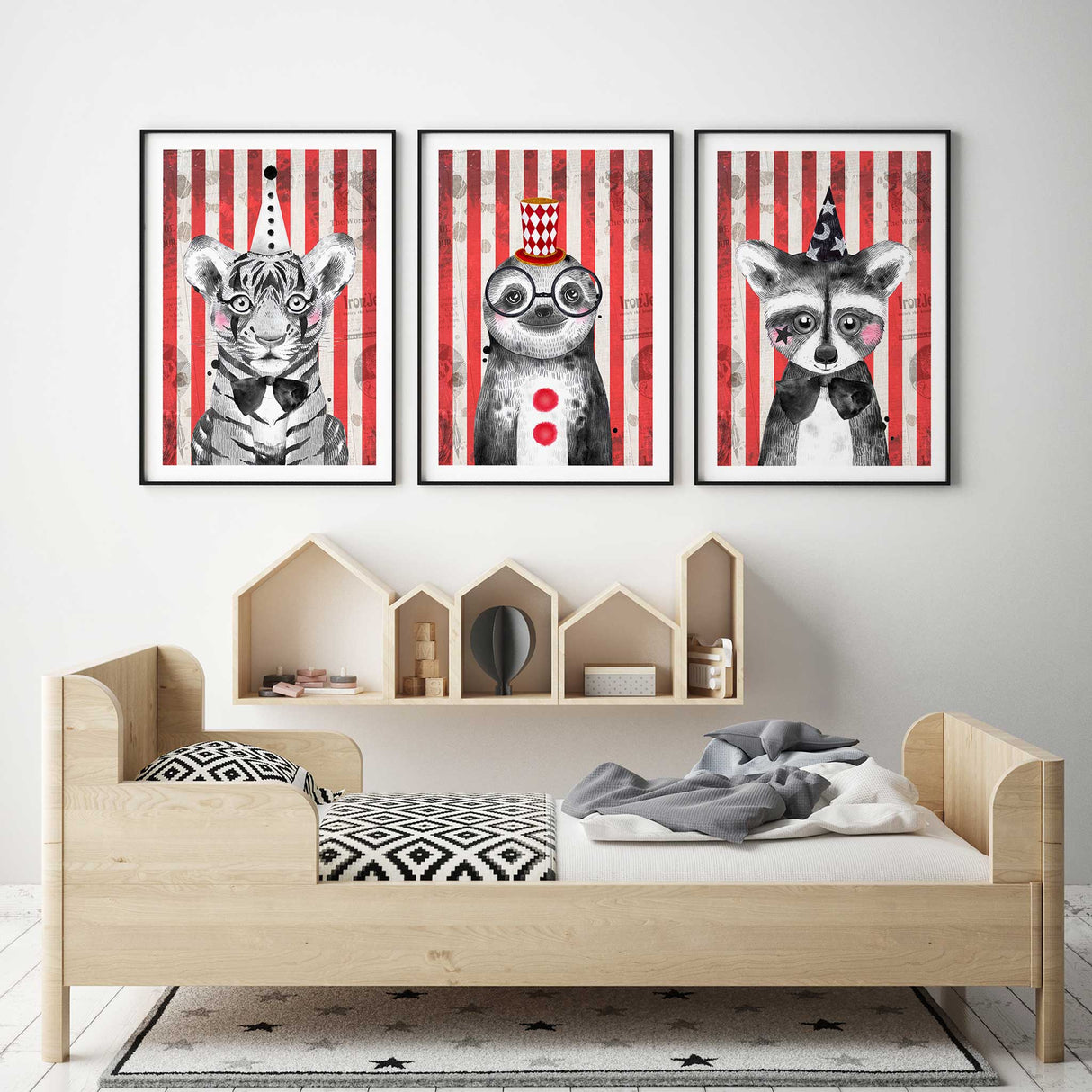 Trio of whimsical animal prints featuring a circus-style tiger, sloth, and raccoon, each adorned with accessories like glasses, hats, and bow ties for a fun, vintage touch