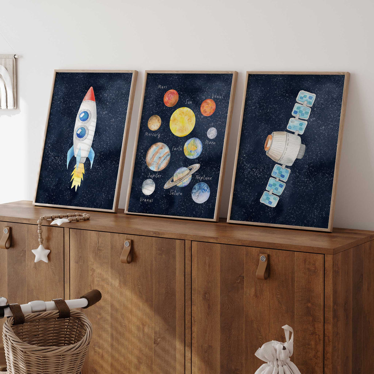 set of 3 boys space prints for boys room wall art. featuring a space satellite print, print of all planets in the solar system. and a space rocket. great gift for boys
