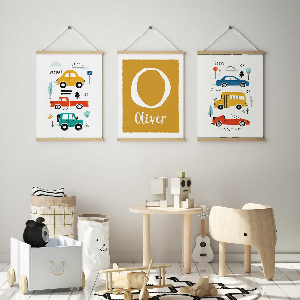 Car and truck nursery wall prints with mustard personalised initial
