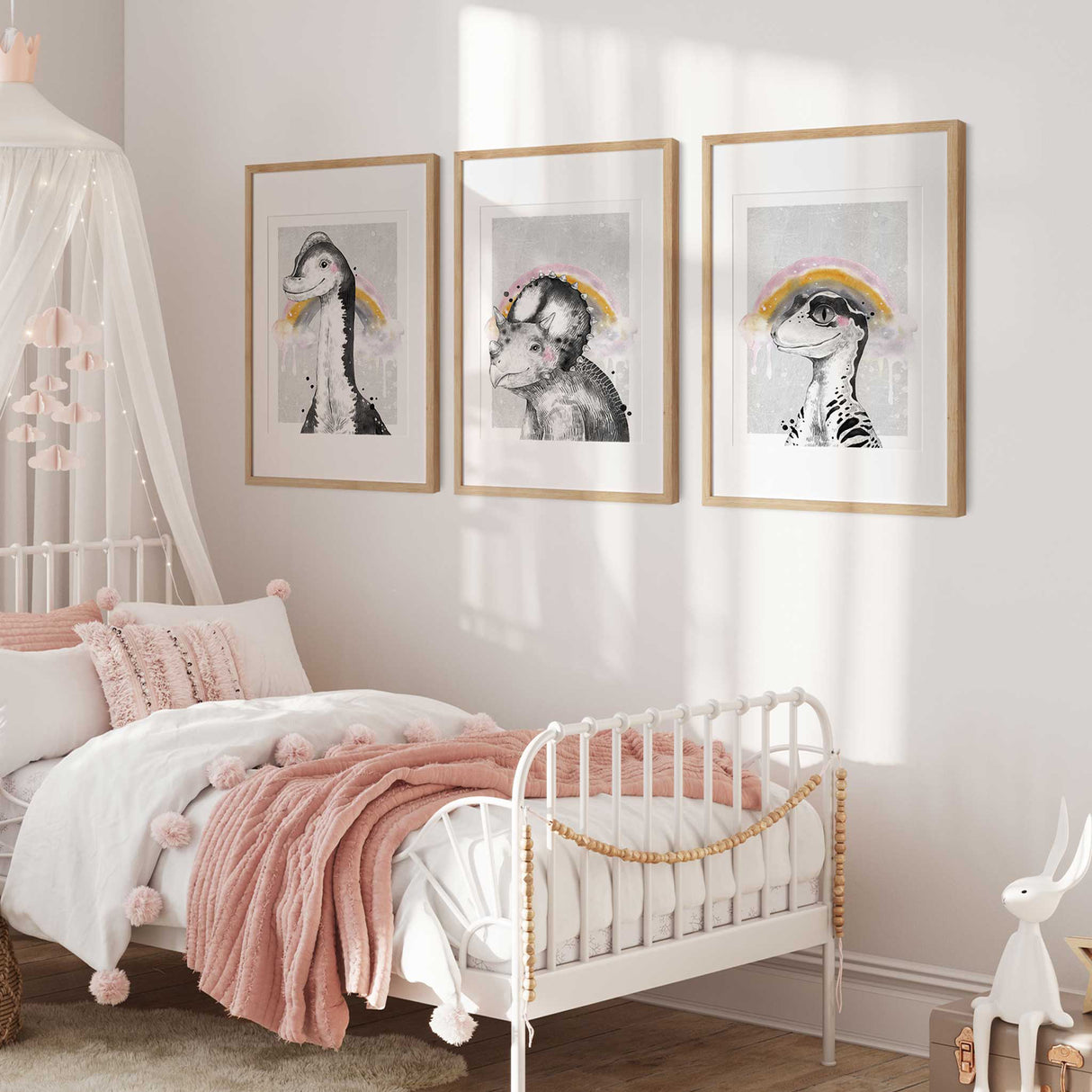 Pastel rainbow dinosaur wall art prints for modern nursery or girls room