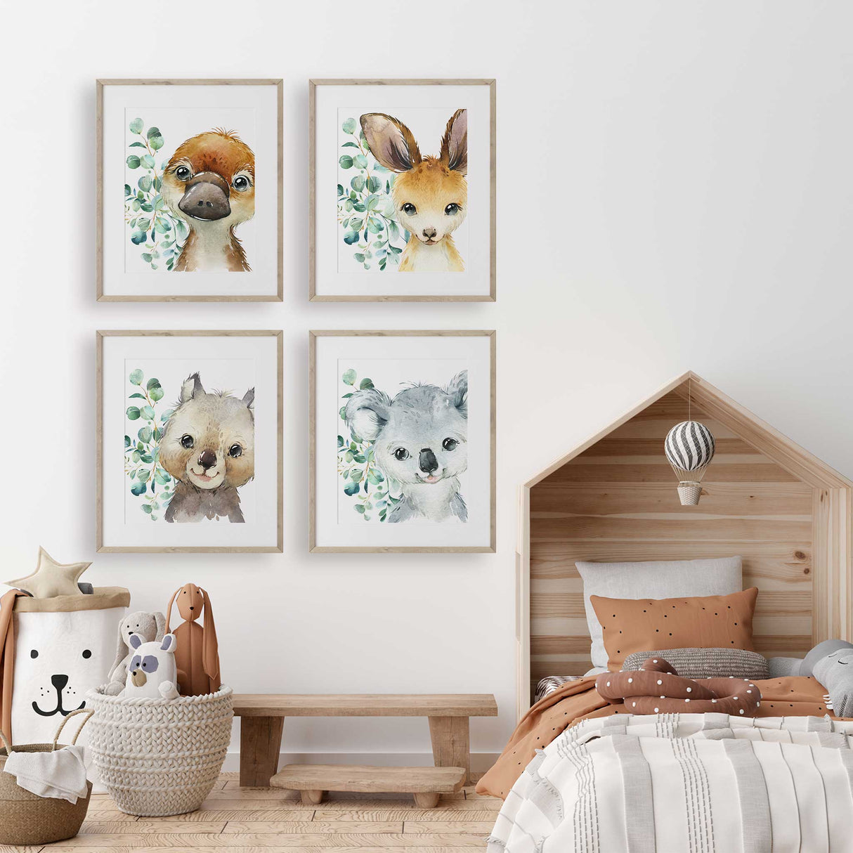 Australian animal wall art set for nursery featuring koala, kangaroo, wombat and platypus prints.