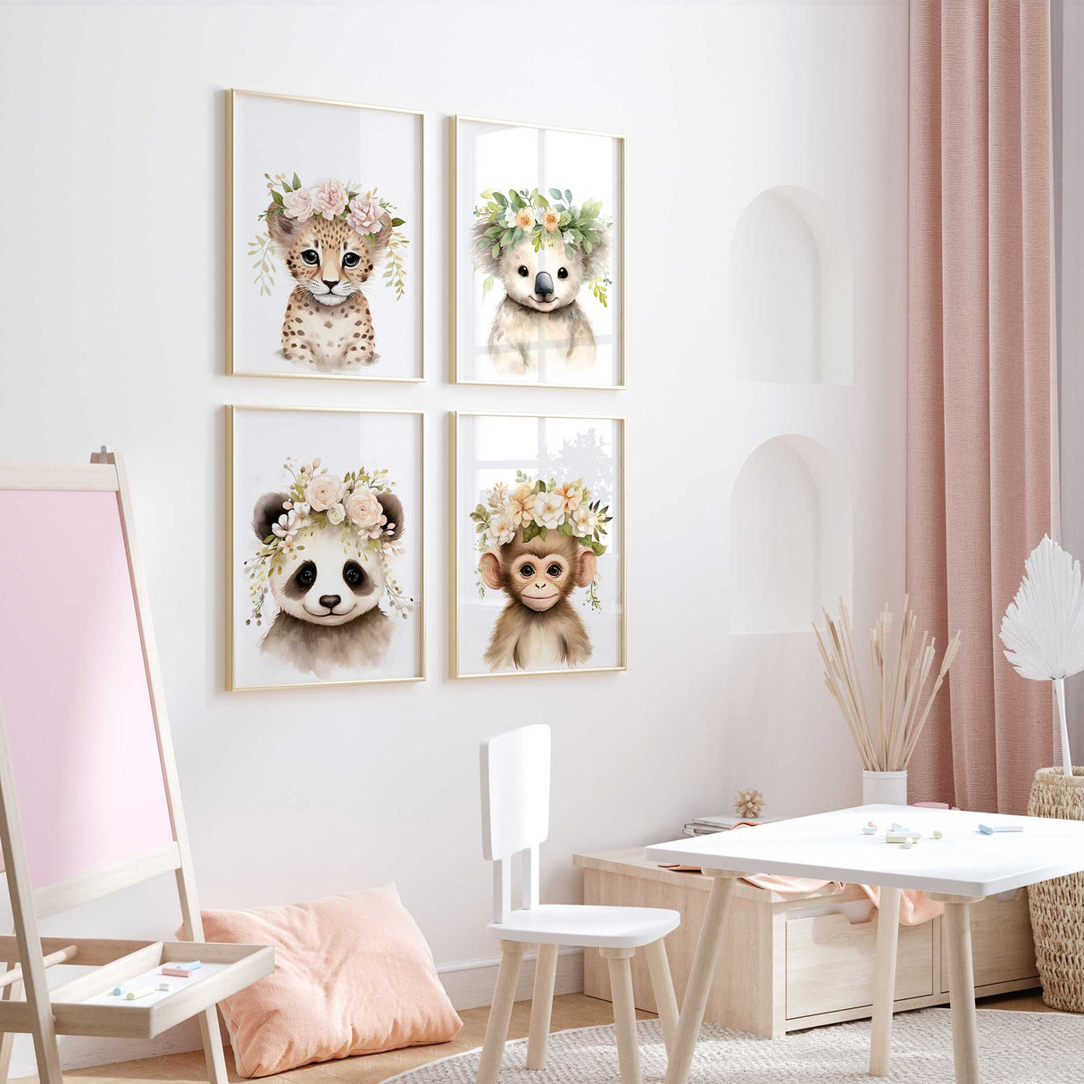 Safari-themed nursery wall art prints for baby girl bedroom decor