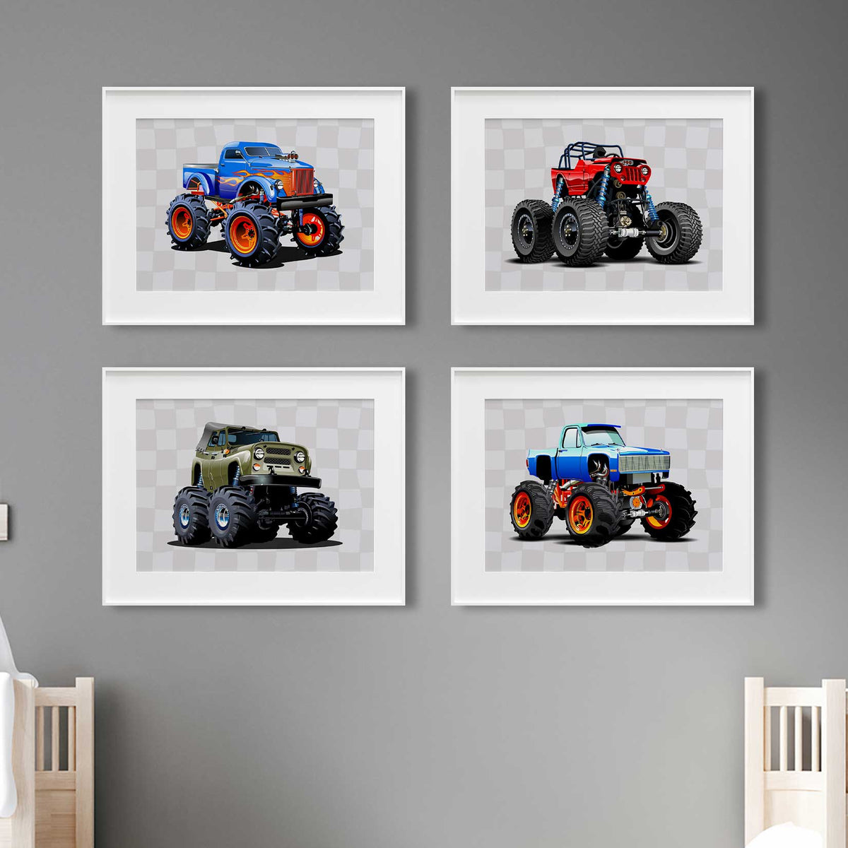 Four matching truck prints with blue trucks, a red off-road vehicle and an olive green truck against grey check backgrounds.