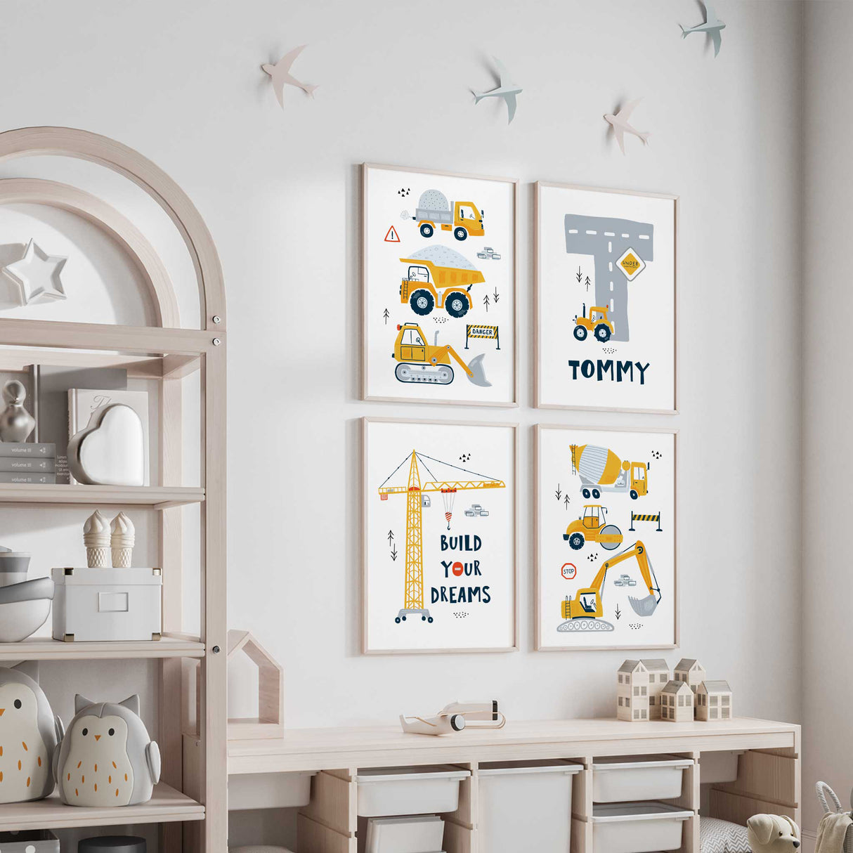 Construction truck wall art set with excavators, cranes, and cement trucks, perfect for boys rooms