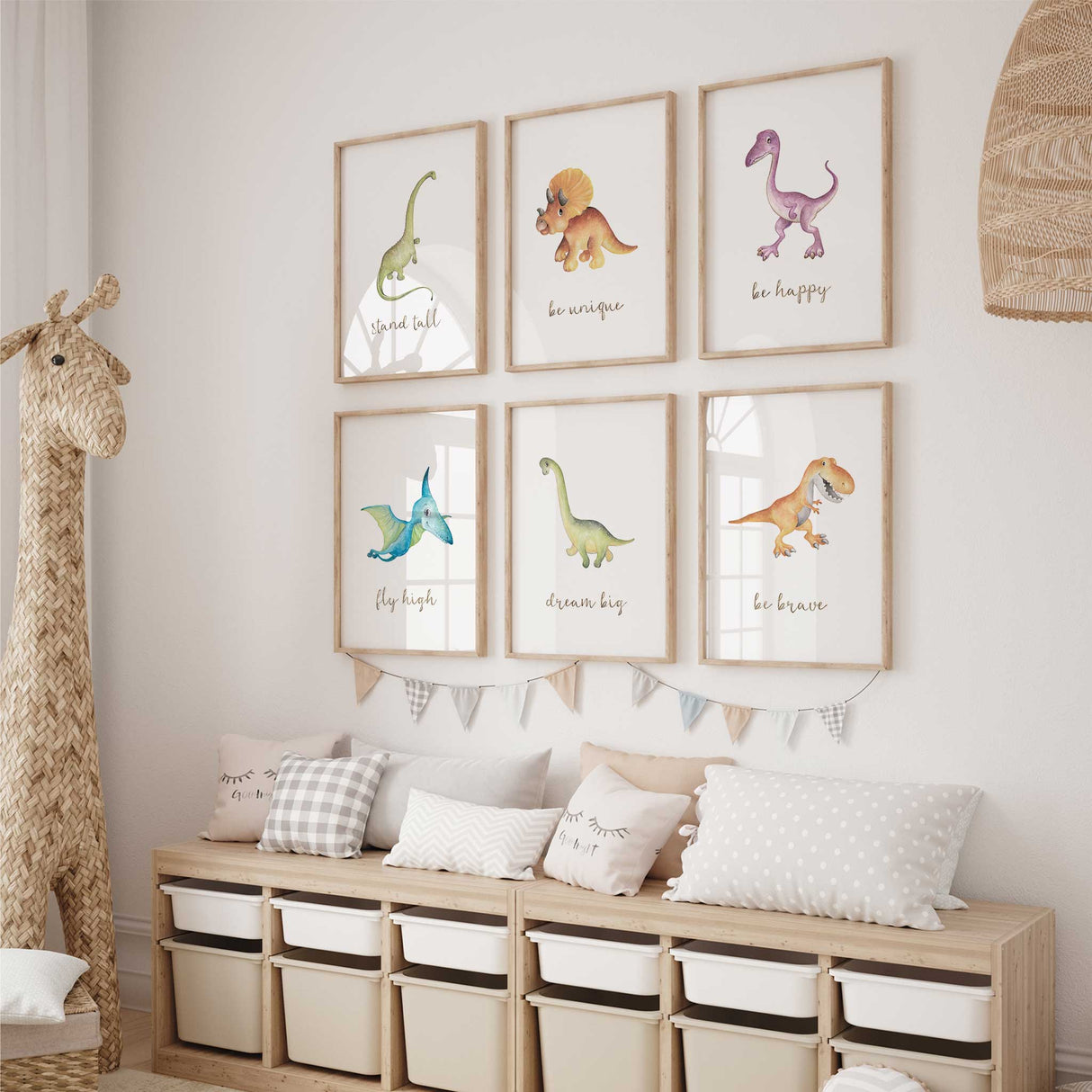 boys room wall art featuring 6 dinosaurs all with postive affirmations