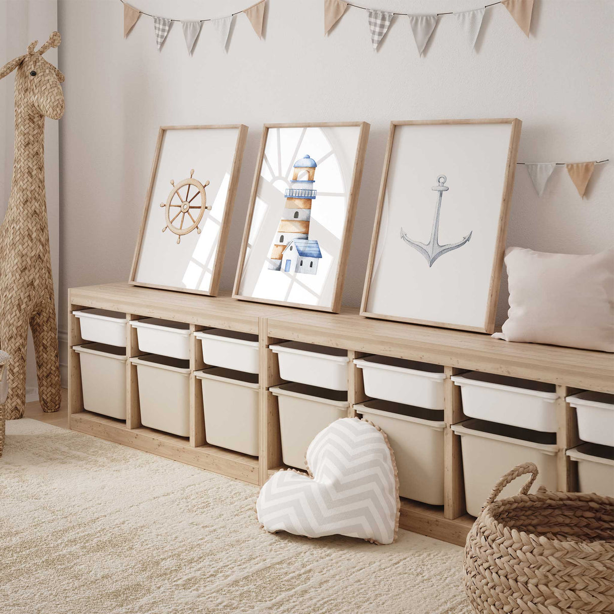 Wooden ship wheel watercolor print ideal for nautical nursery or boys' bedroom decor