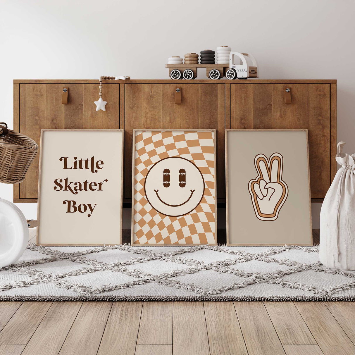 Set of skater wall art prints showing skateboard smiley face peace hand and quote for boys rooms.
