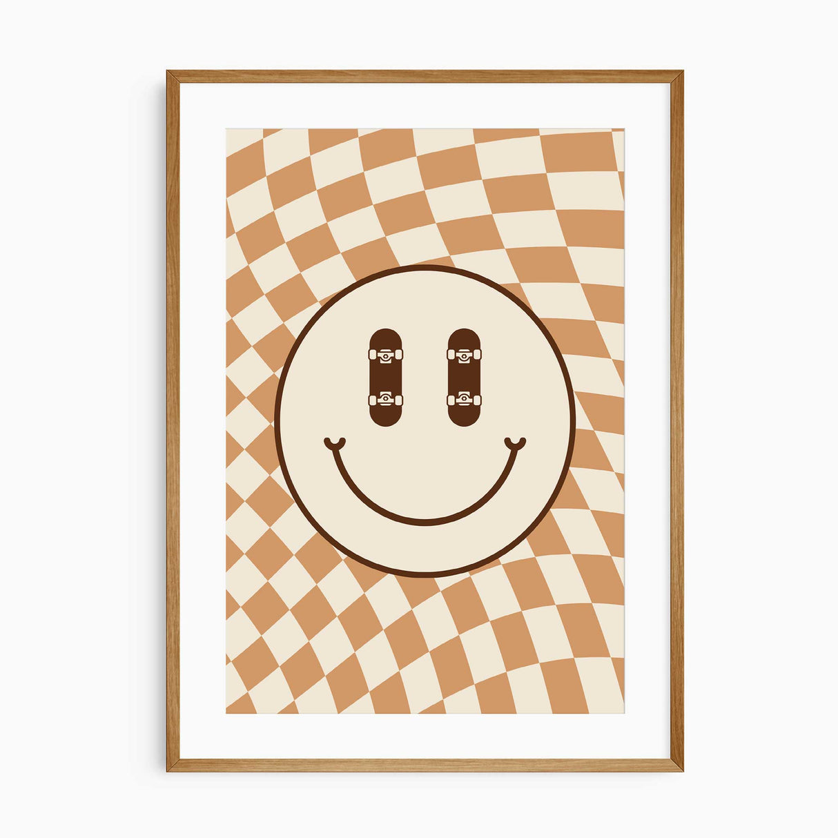 Smiley face wall art with skateboard eyes and a retro checkered background for boys room décor.