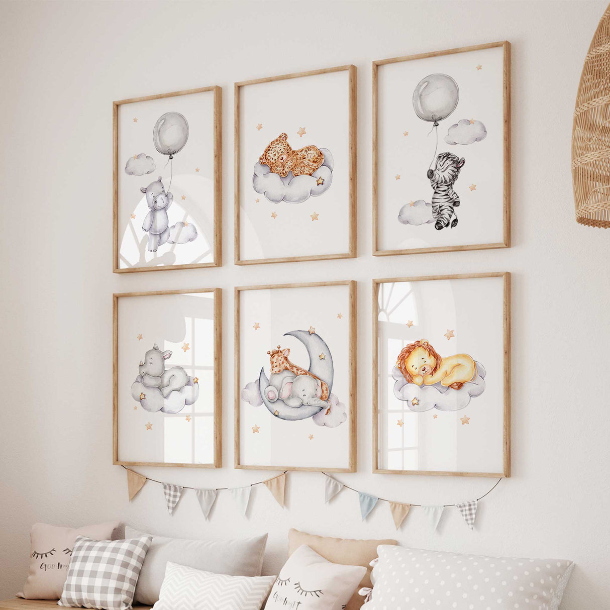 Sleepy animal nursery wall art set of six prints