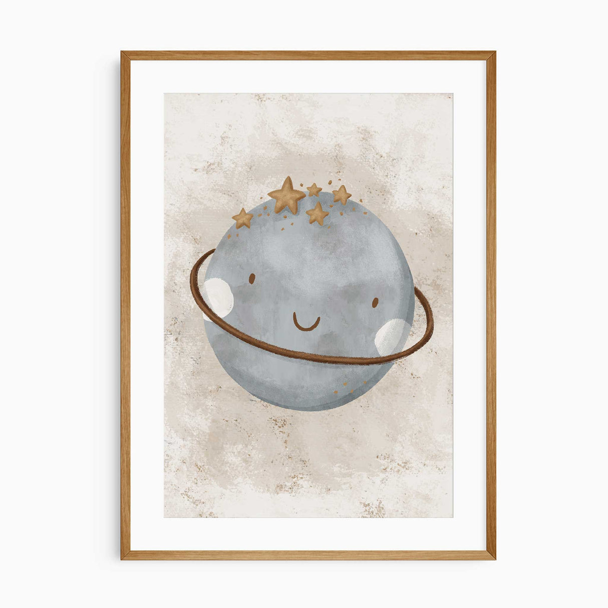Smiling planet wall art print with stars for nursery or kids room