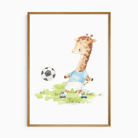 Giraffe kicking soccer ball wall art for toddler or kids sport-themed room
