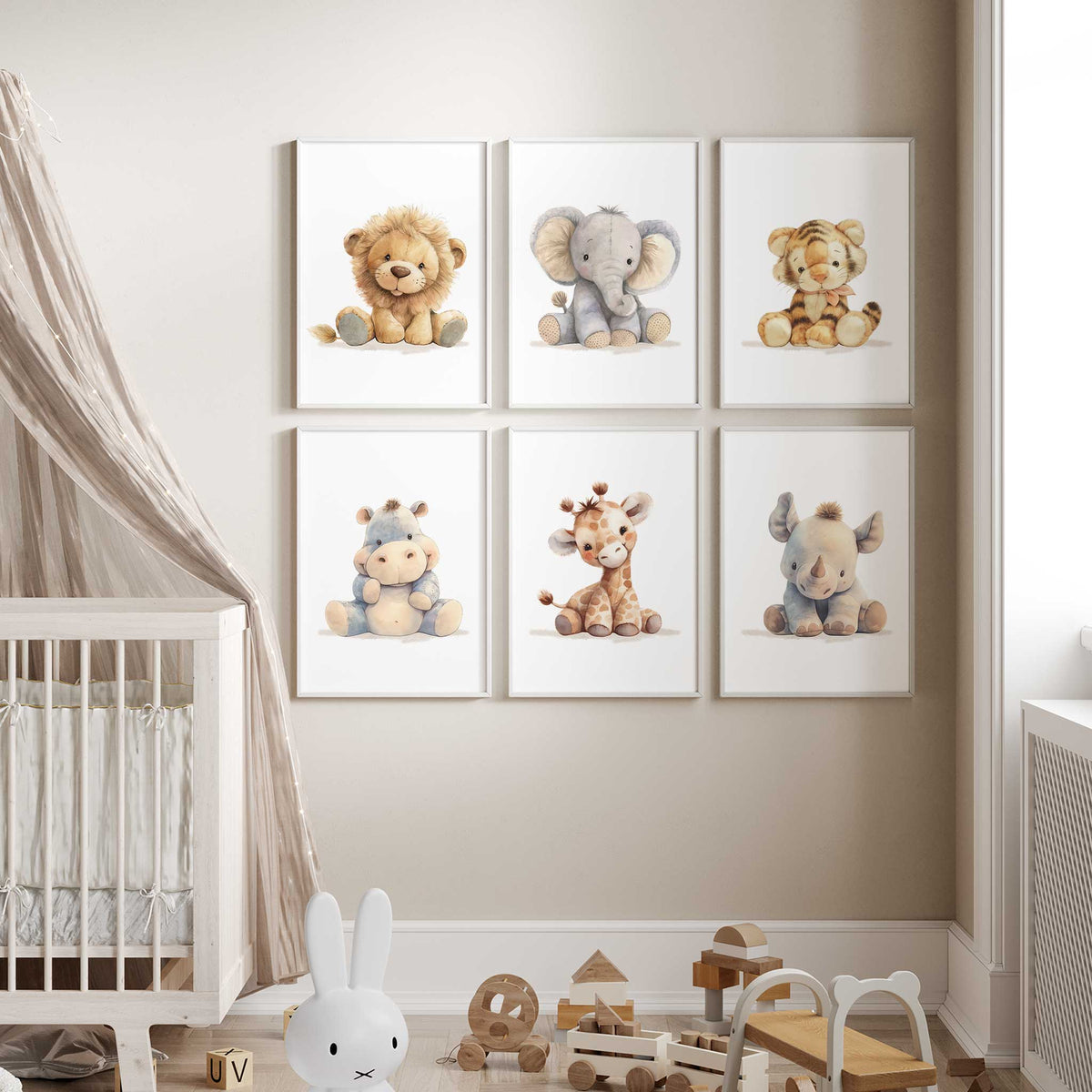 Soft toy style nursery prints with lion, elephant, tiger, hippo, giraffe and rhino artwork on plain light backgrounds.