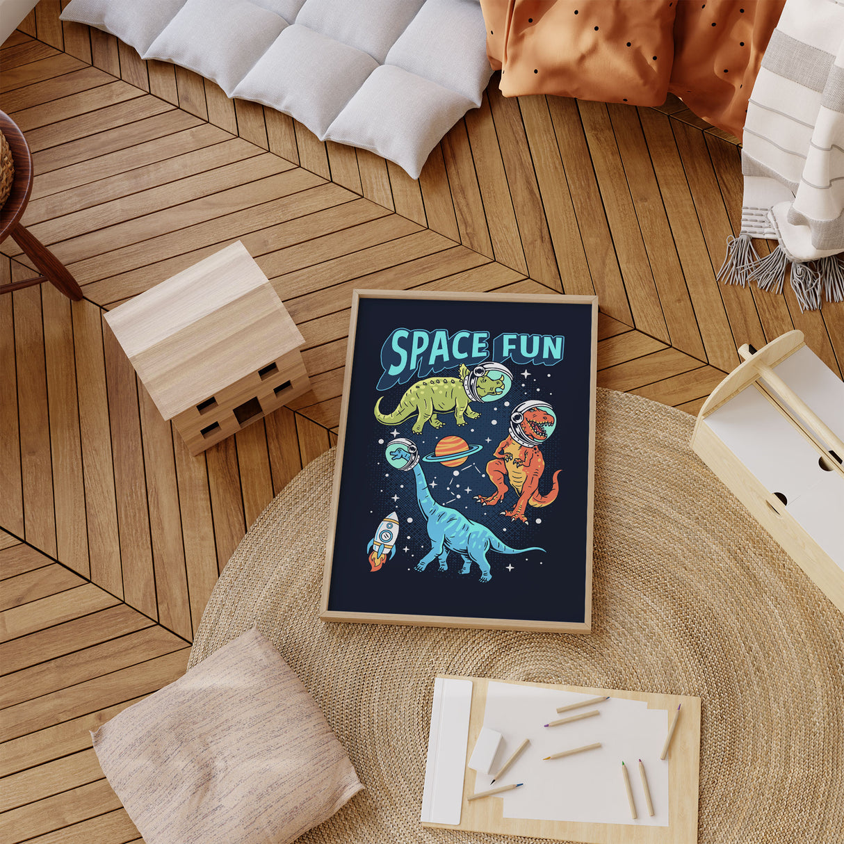 Space themed dinosaur nursery wall art with colourful cartoon dinosaurs