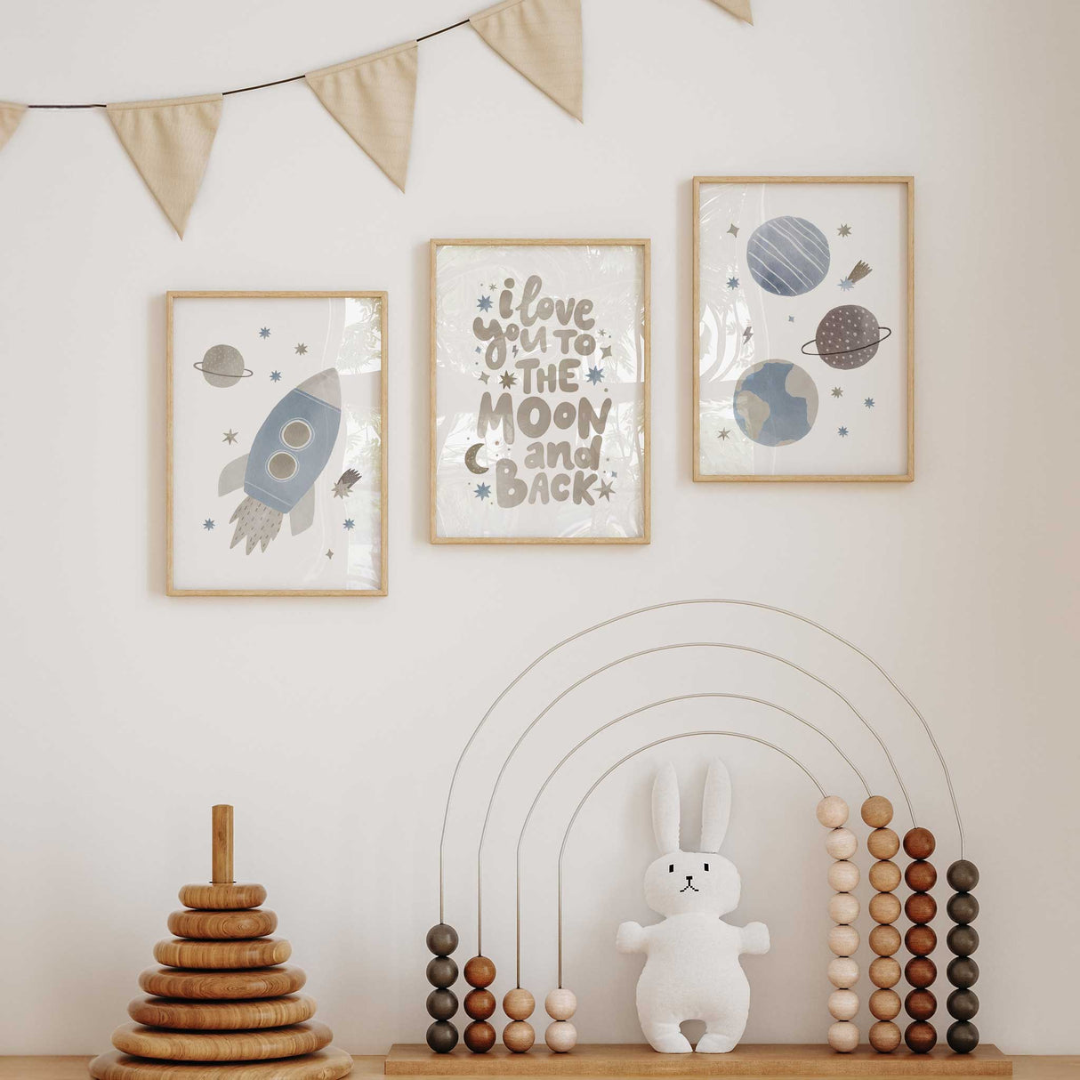 Outer space-themed nursery print set with rocket, planets and quote