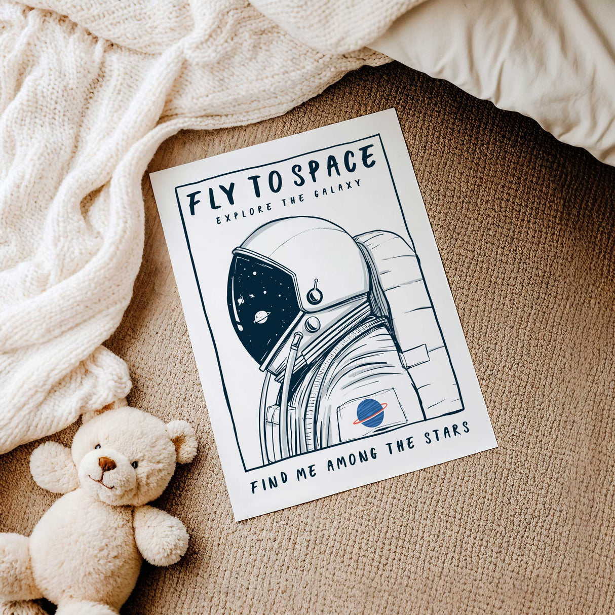 Space-themed unframed wall decor print, ideal for kids or nursery rooms.