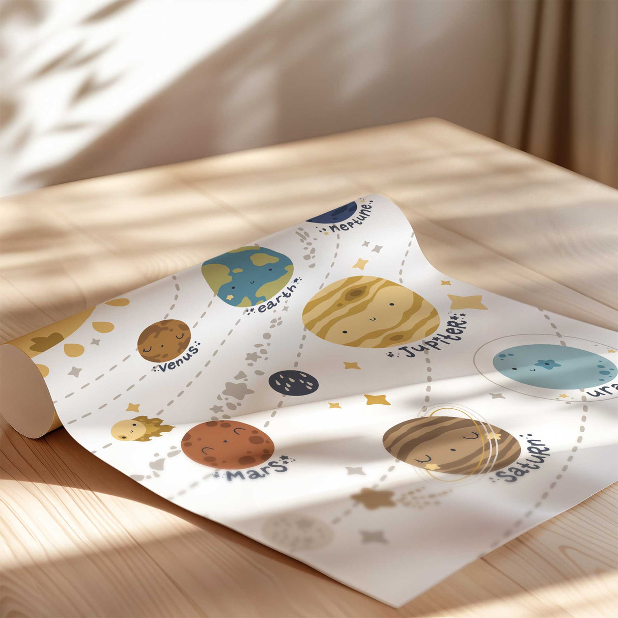 nursery print with cute planets and cheerful sun design