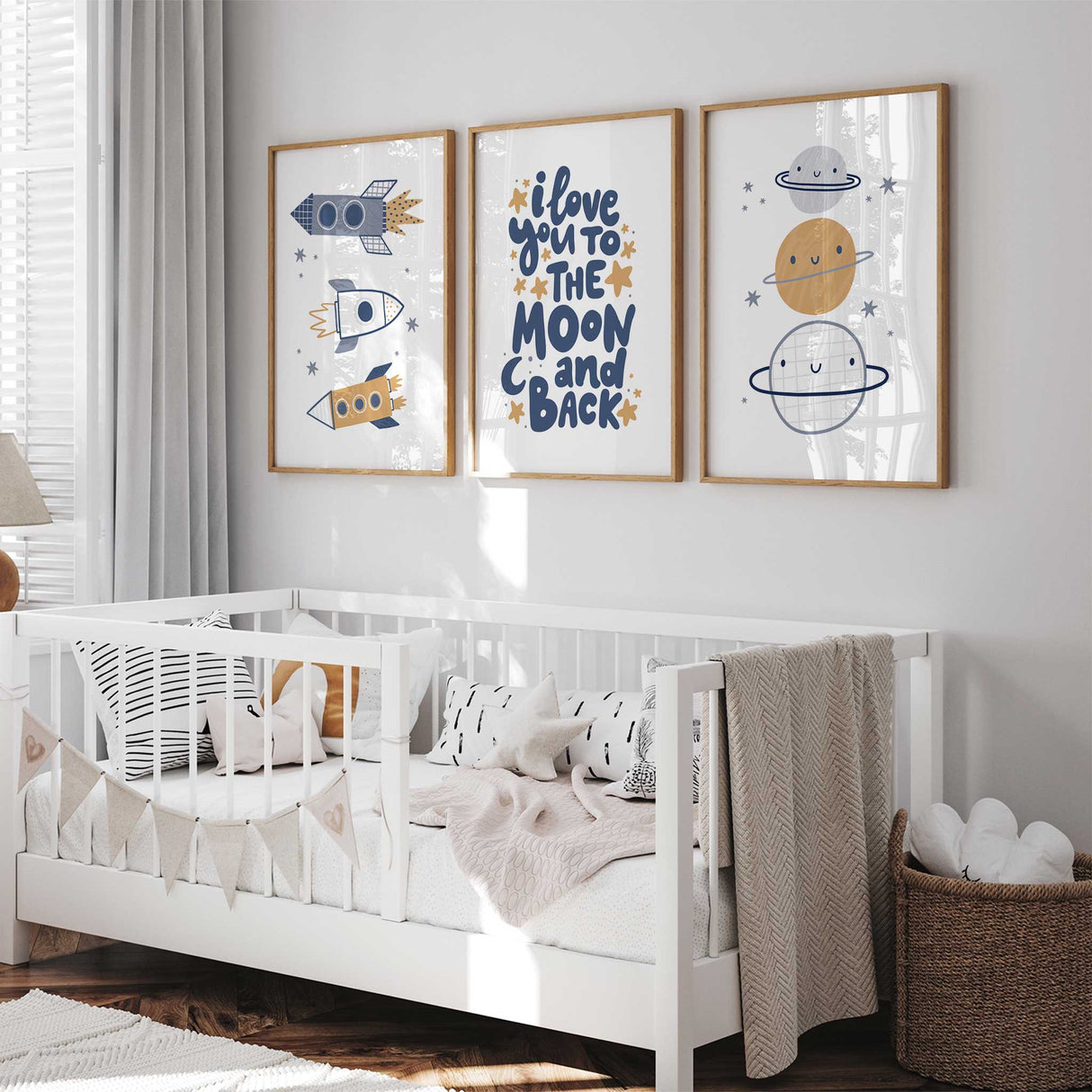 Space nursery wall art set of 3 with planets, rockets and moon quote prints