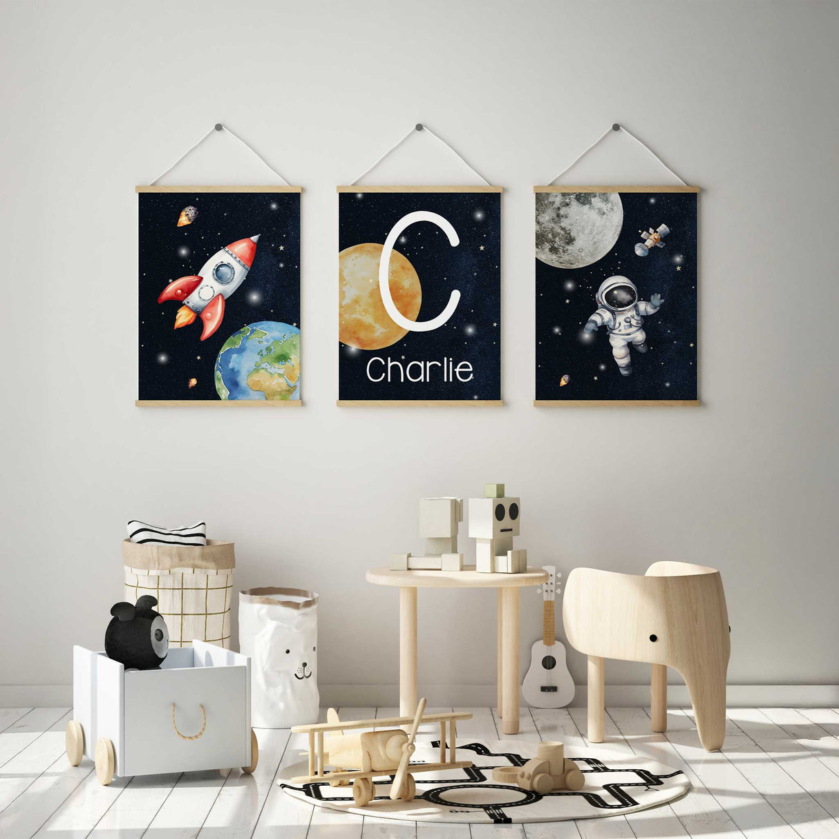 Astronaut and rocket space nursery prints in dark sky theme designed for boys room wall art.