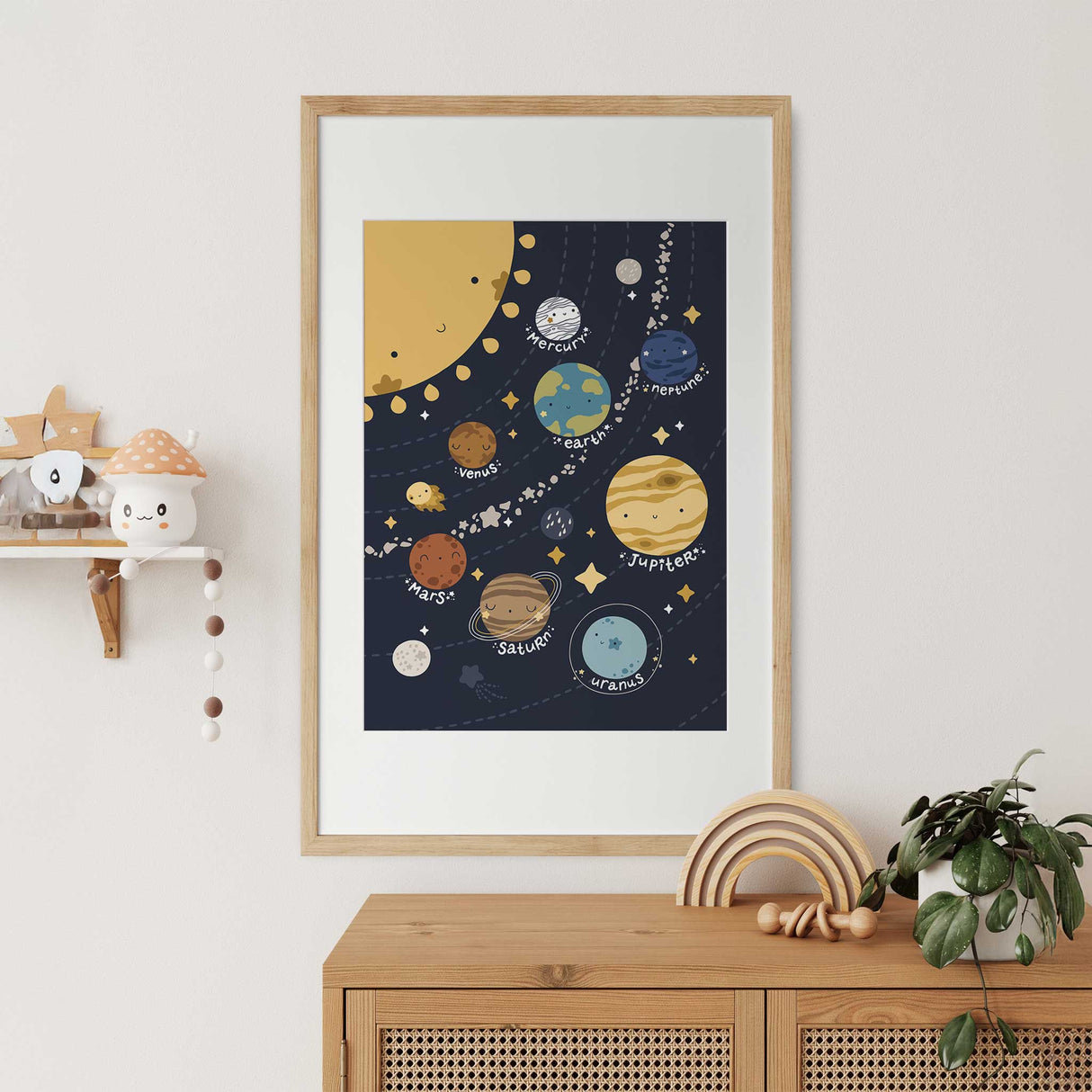 Children's bedroom wall art with colorful, smiling planets