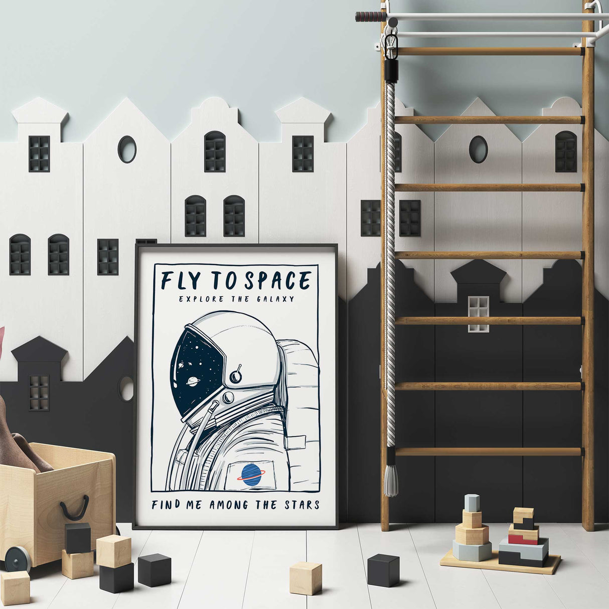 Unframed space print for boys nursery with astronaut and galaxy theme.