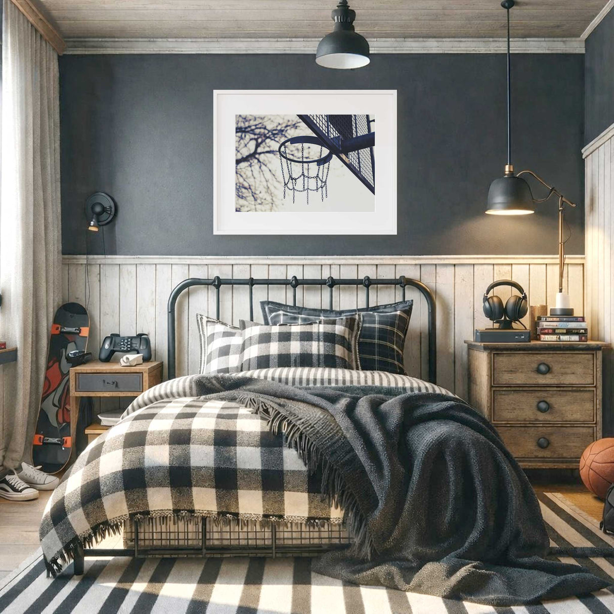 neutral toned basketball hoop sports wall art print