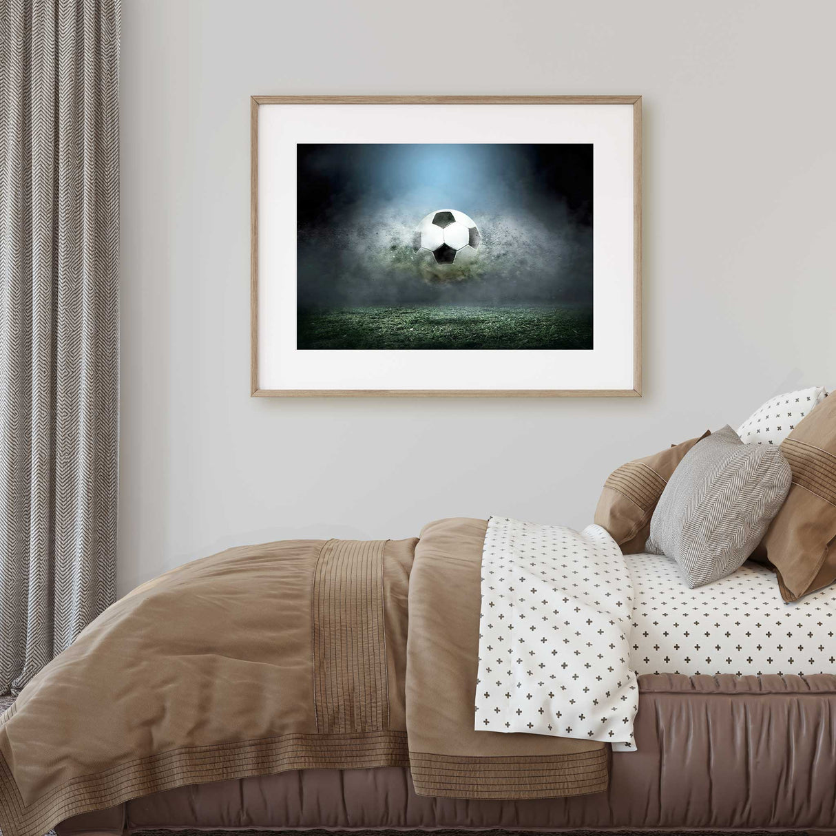 Football poster for kids' rooms with a powerful soccer ball design, perfect for sports fans and available in custom sizes."