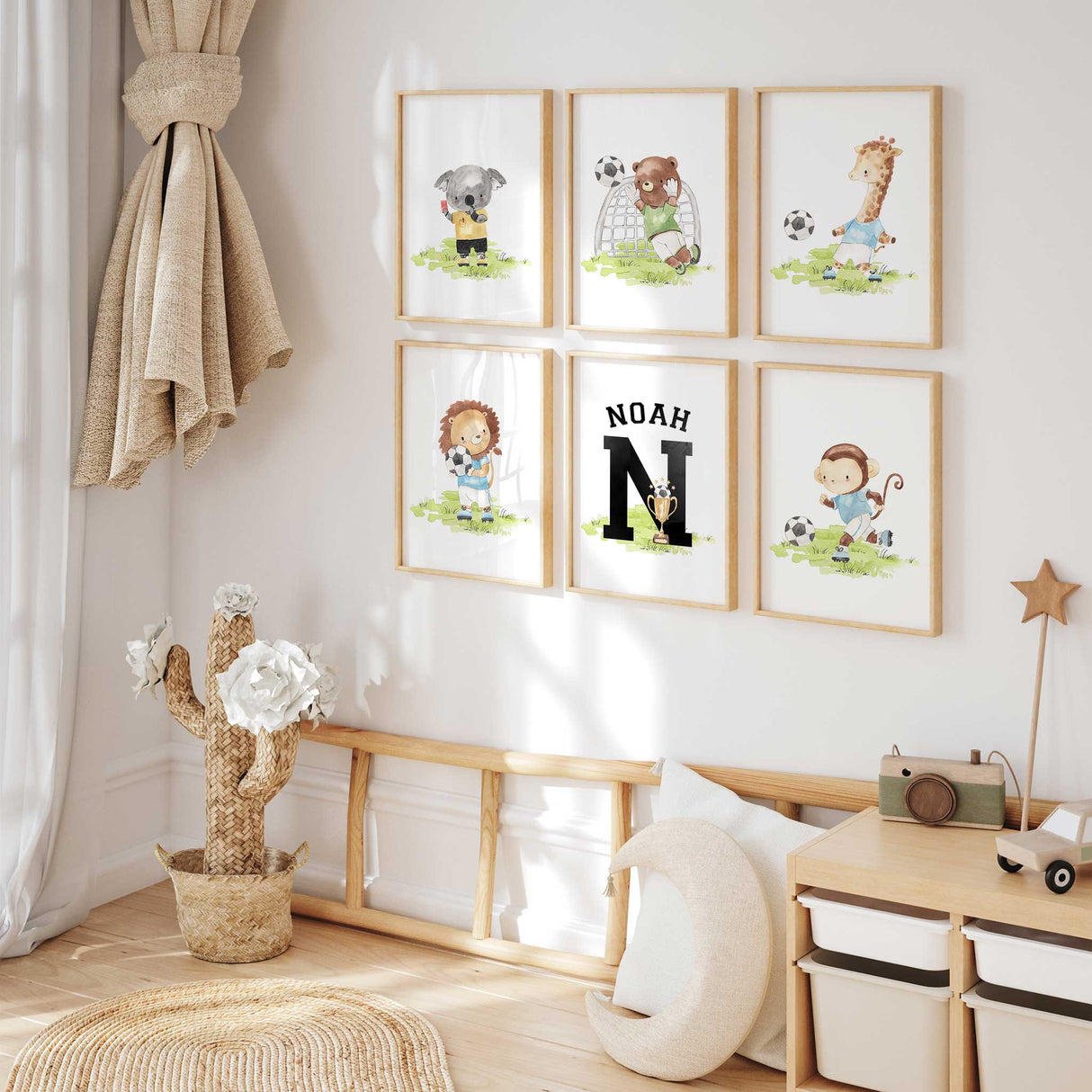 Watercolour animal prints playing soccer for toddler bedroom