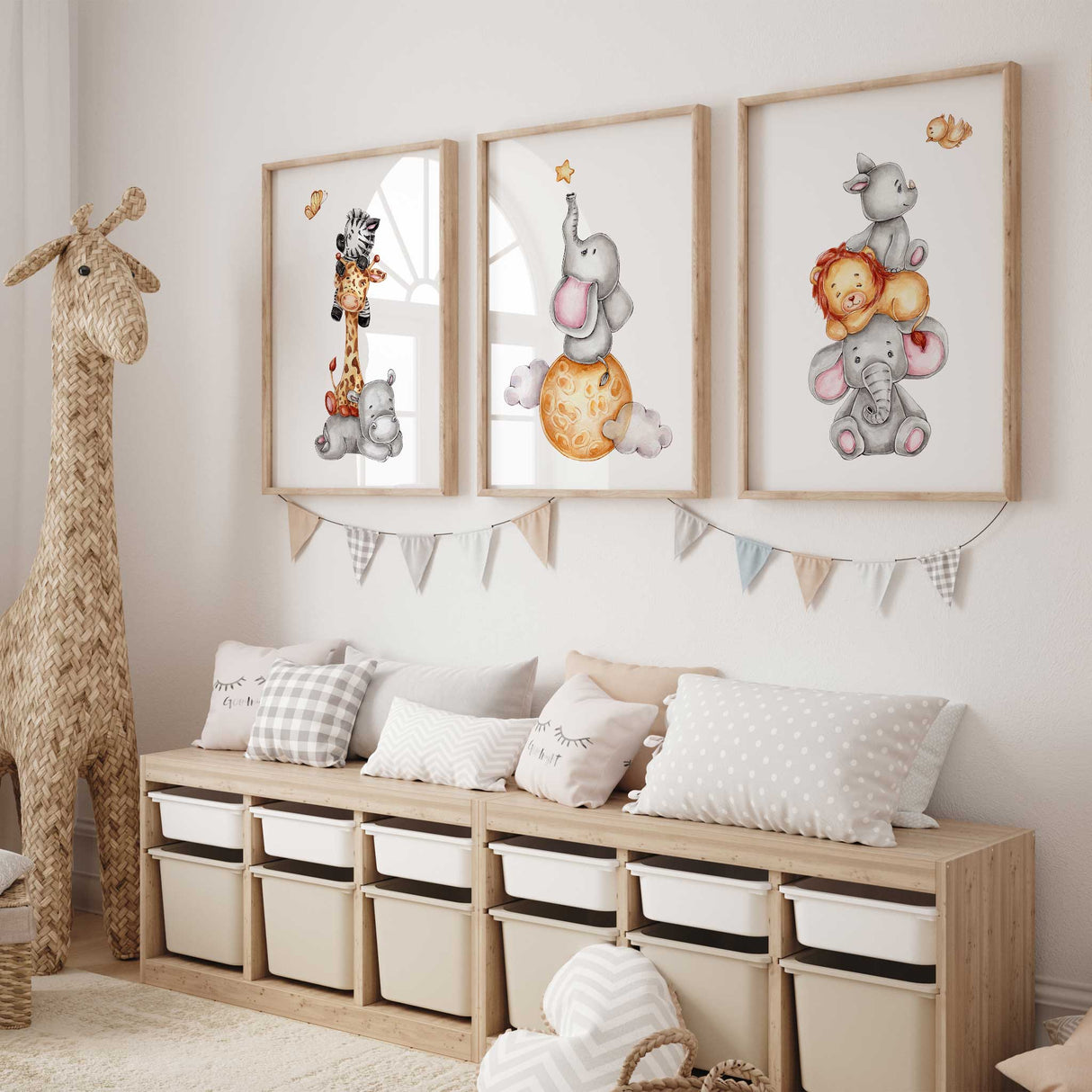 Set of 3 safari animal nursery prints with elephant, giraffe, zebra, and more – playful wall art for kids’ rooms