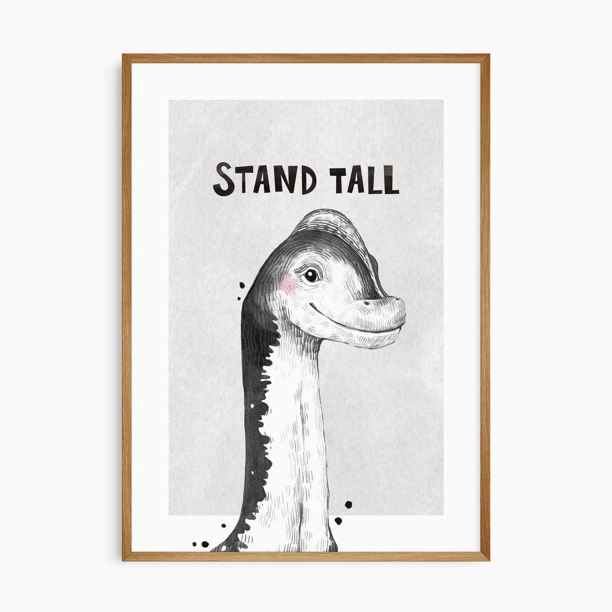 Inspirational dinosaur art print saying “Stand Tall” with long-neck dino
