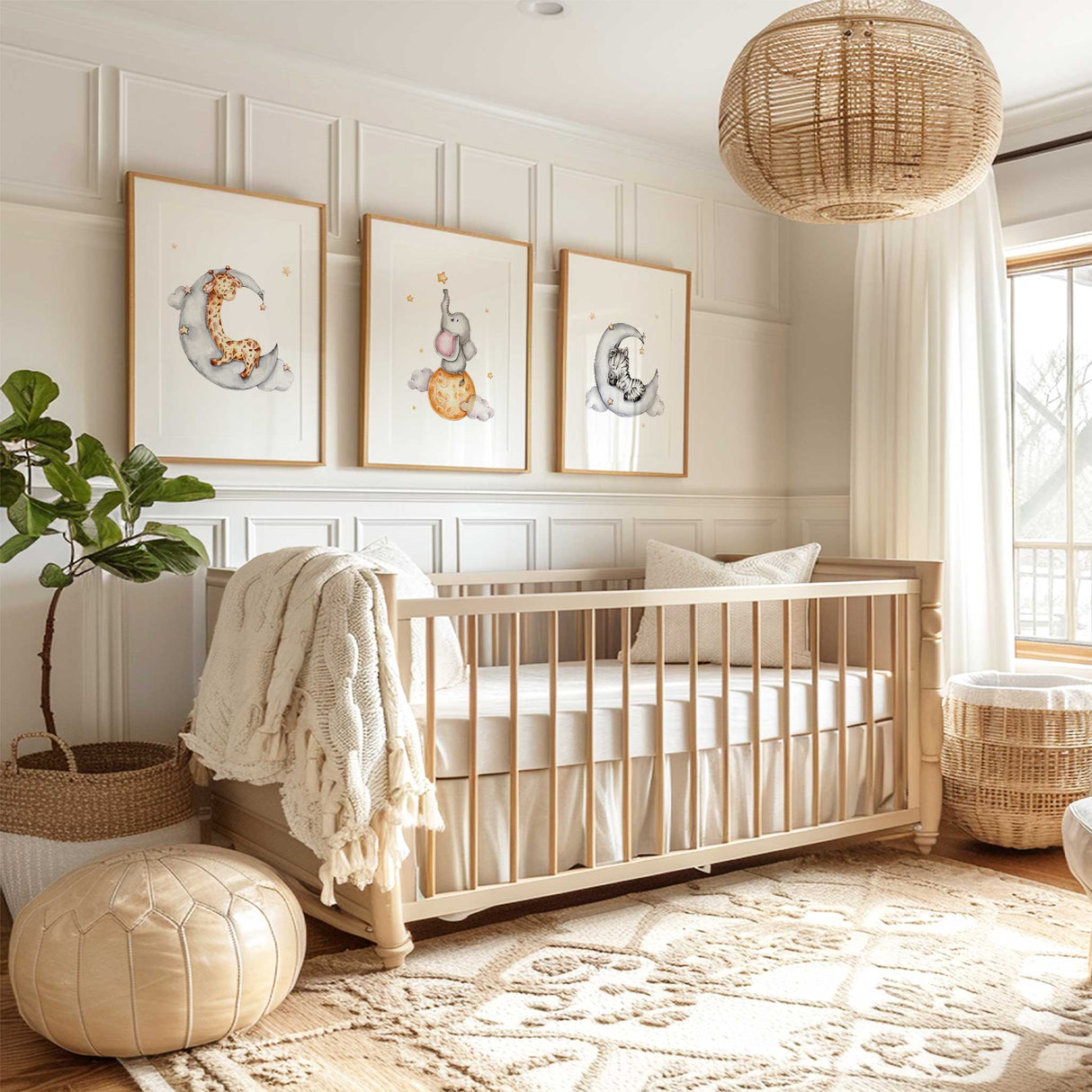 starry safari animal trio nursery prints on moon and clouds