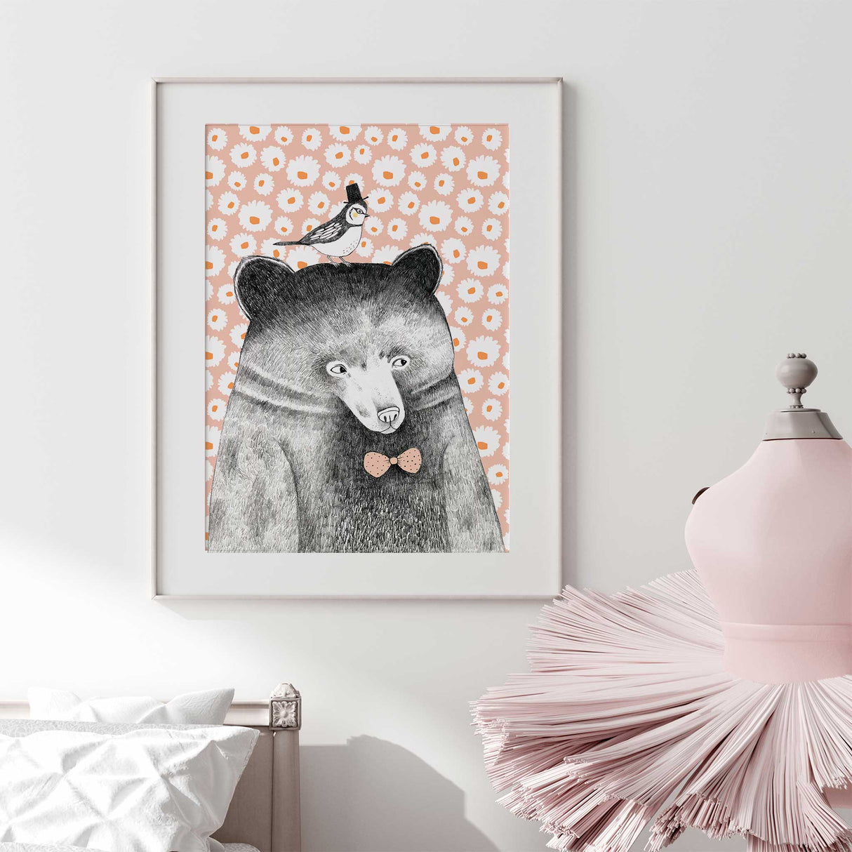 Storybook style bear nursery wall art in soft neutral tones
