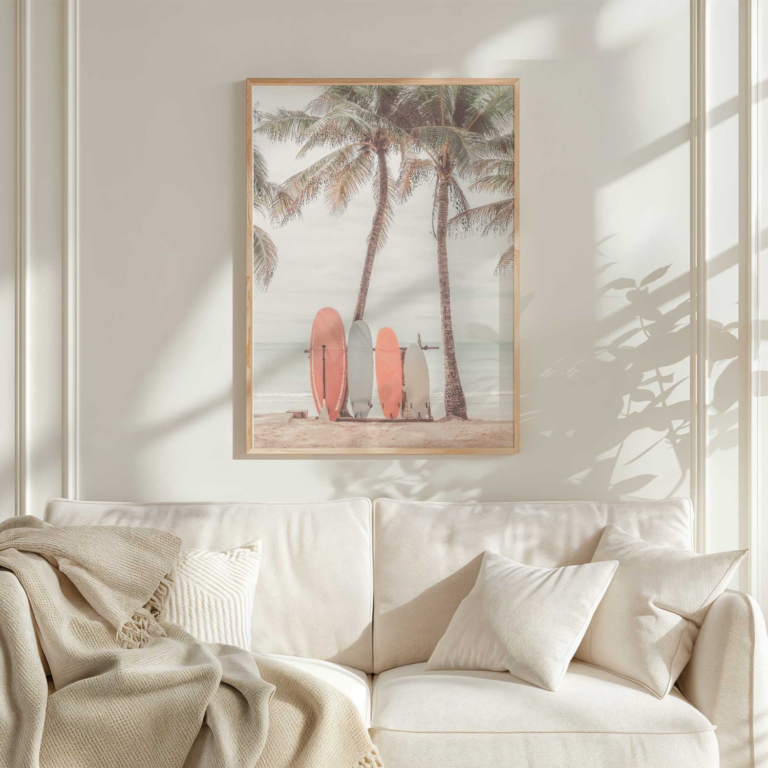 Relaxed island beach print with pastel surfboards and sky