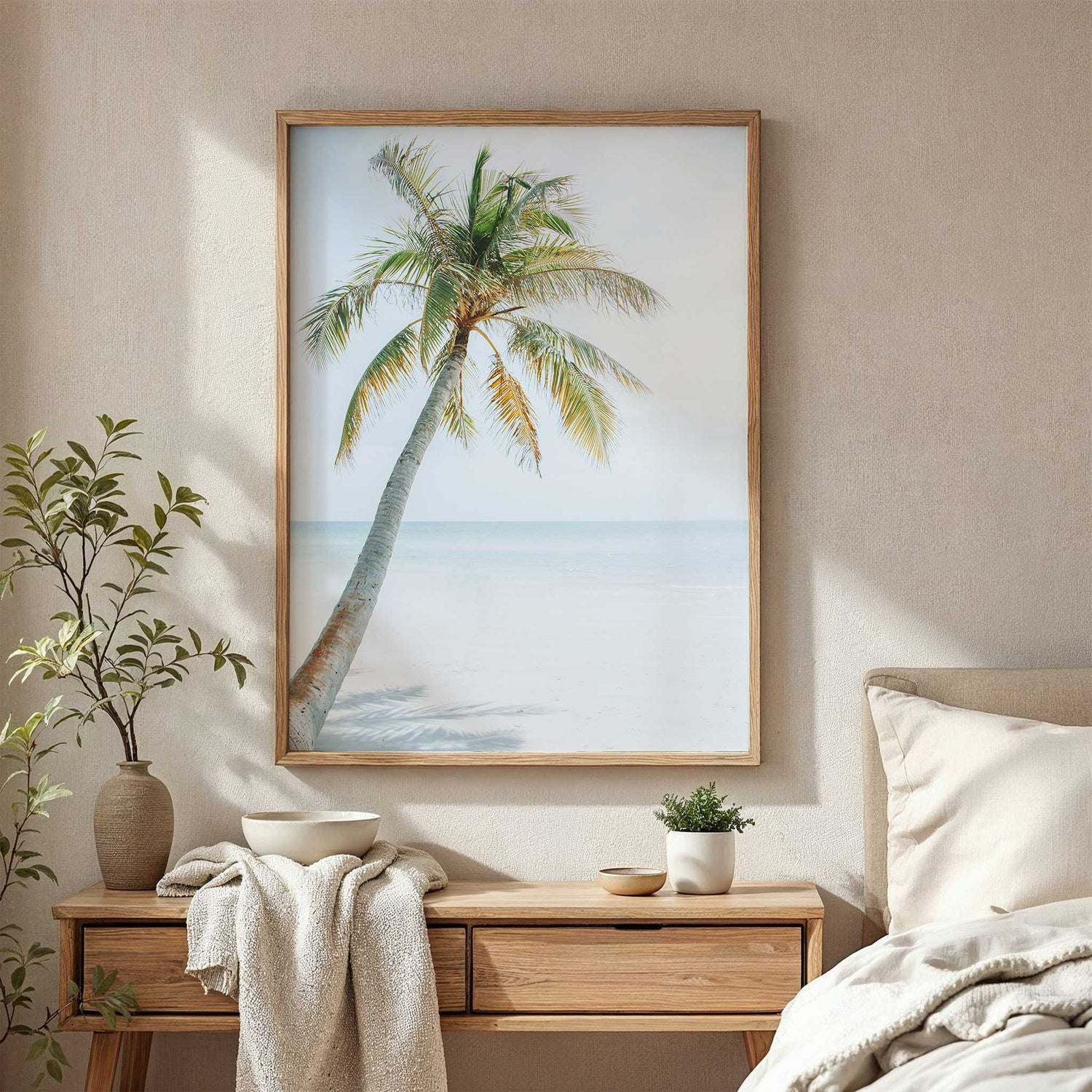 Summer vibes wall art print featuring leaning palm tree over white sand