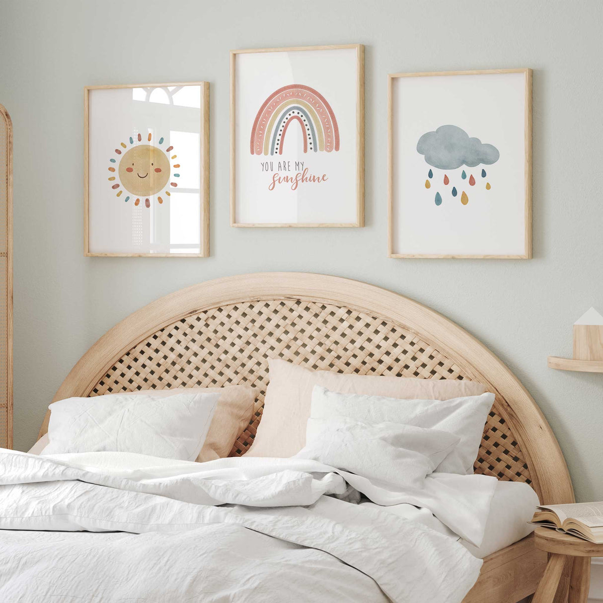 Trio of playful weather-themed kids art prints for joyful nursery decor