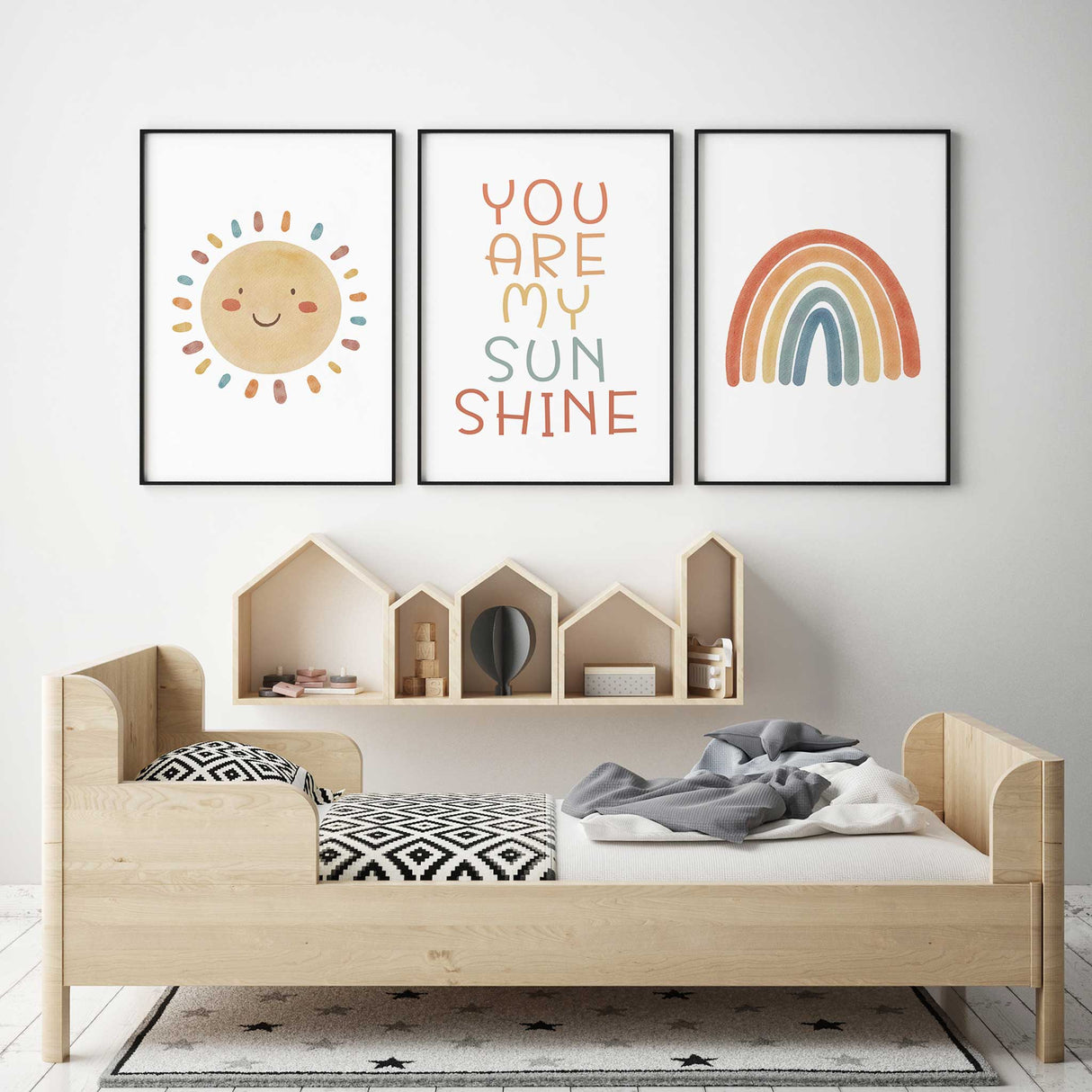 Sunshine-themed print set for babies and toddlers featuring cheerful sun, quote and rainbow in retro colour palette
