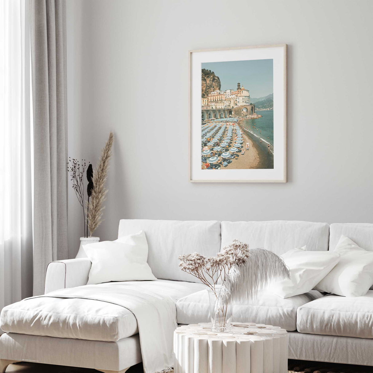 Bright summer scene on Amalfi Coast with sea and hillside homes