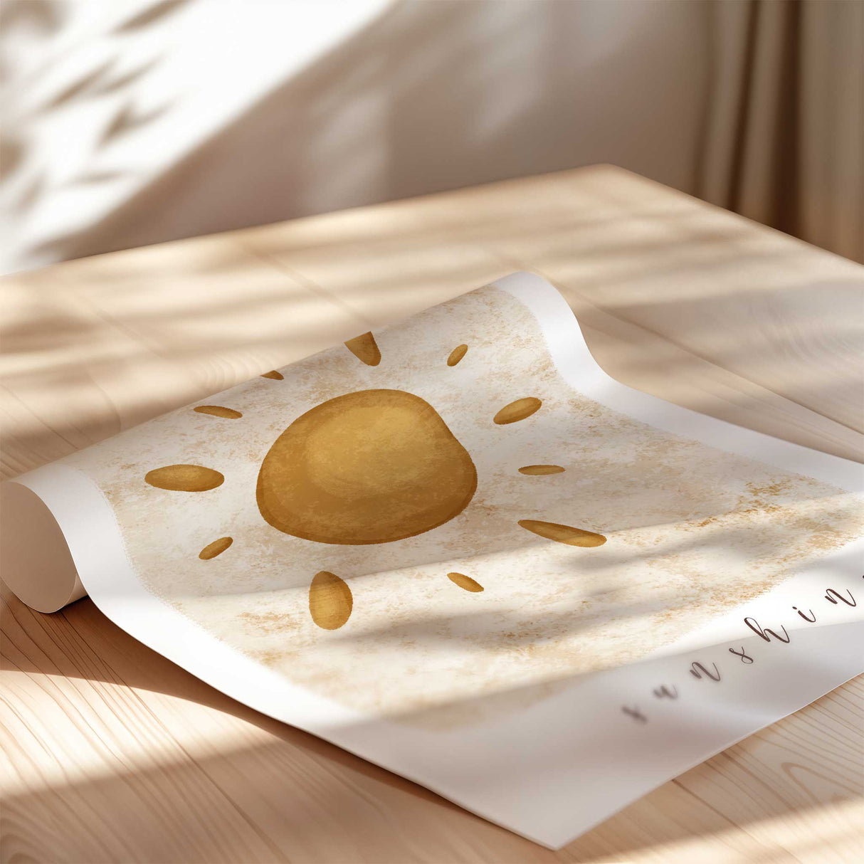 Neutral baby room wall decor featuring sunshine illustration and calming beige tones