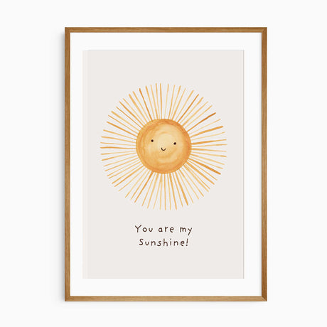 You Are My Sunshine print featuring a smiling sun for nursery wall decor.