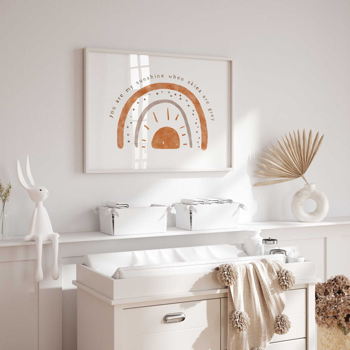 Rainbow nursery wall art with sunshine when skies are grey text