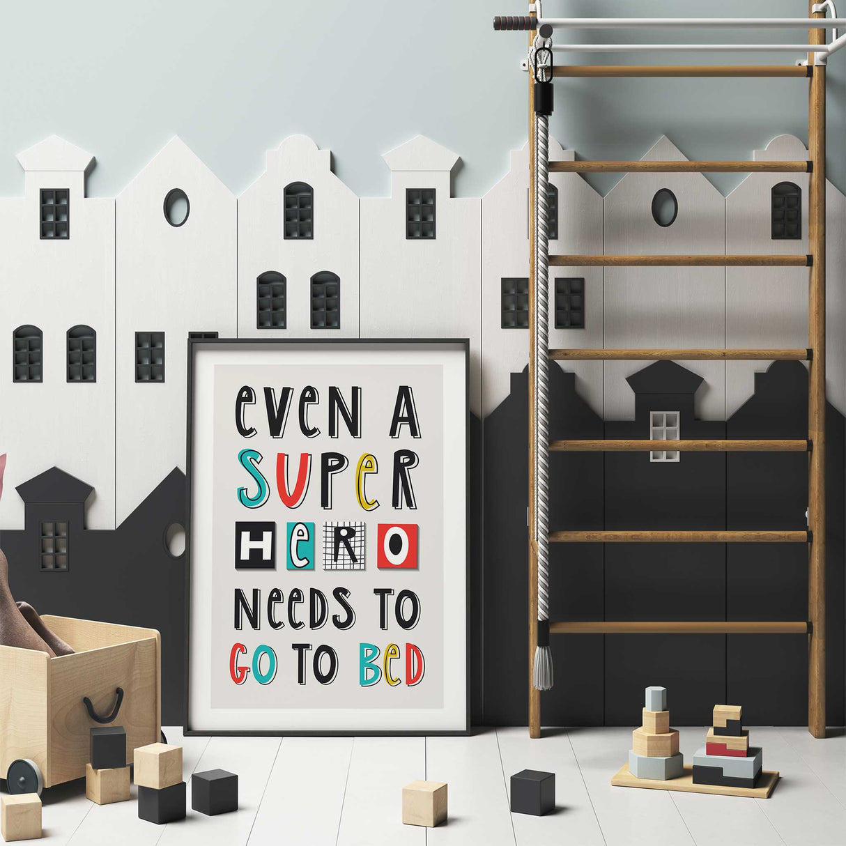 Modern superhero wall print with bedtime message.