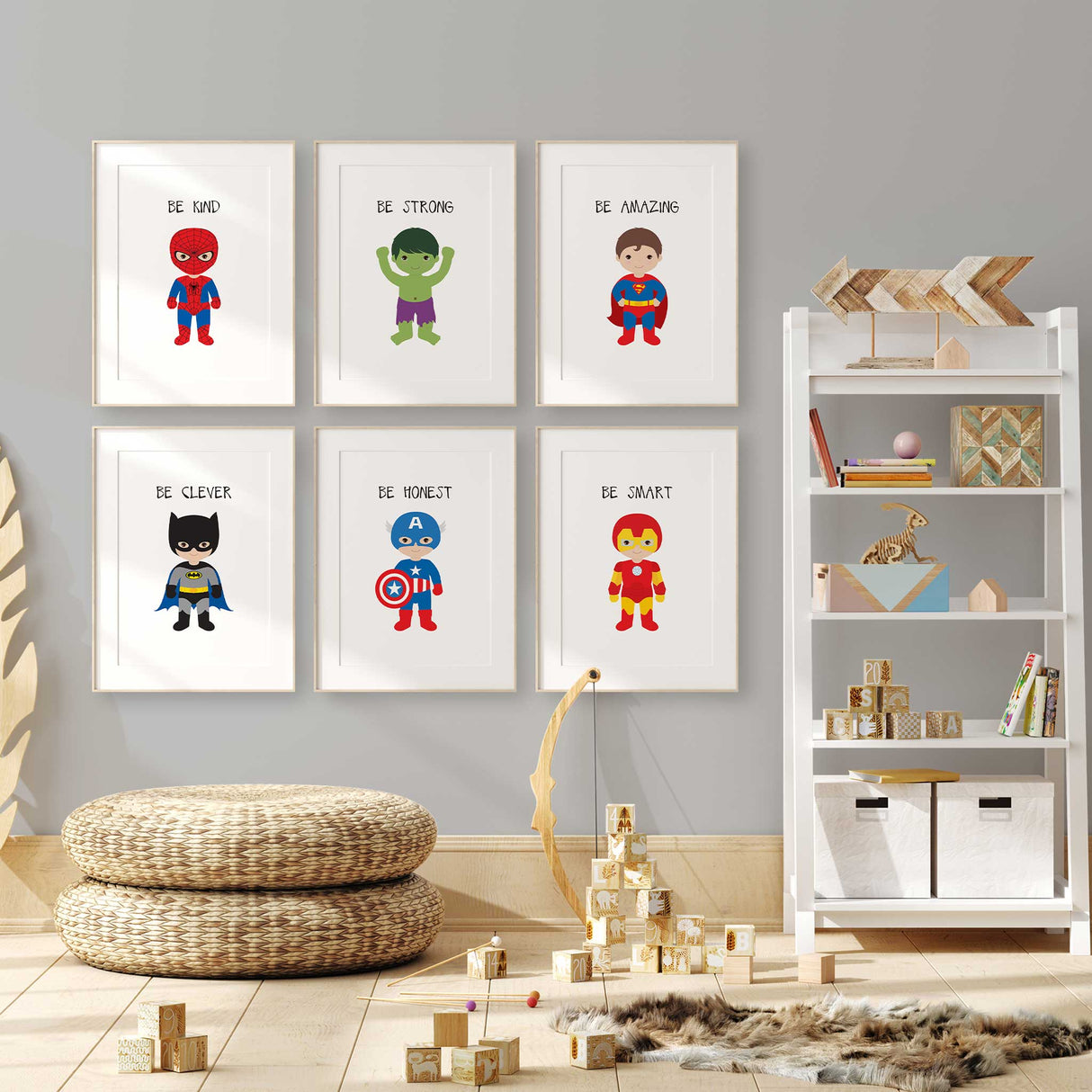 Vibrant superhero prints set with empowering quotes, designed to add excitement and adventure to children's spaces