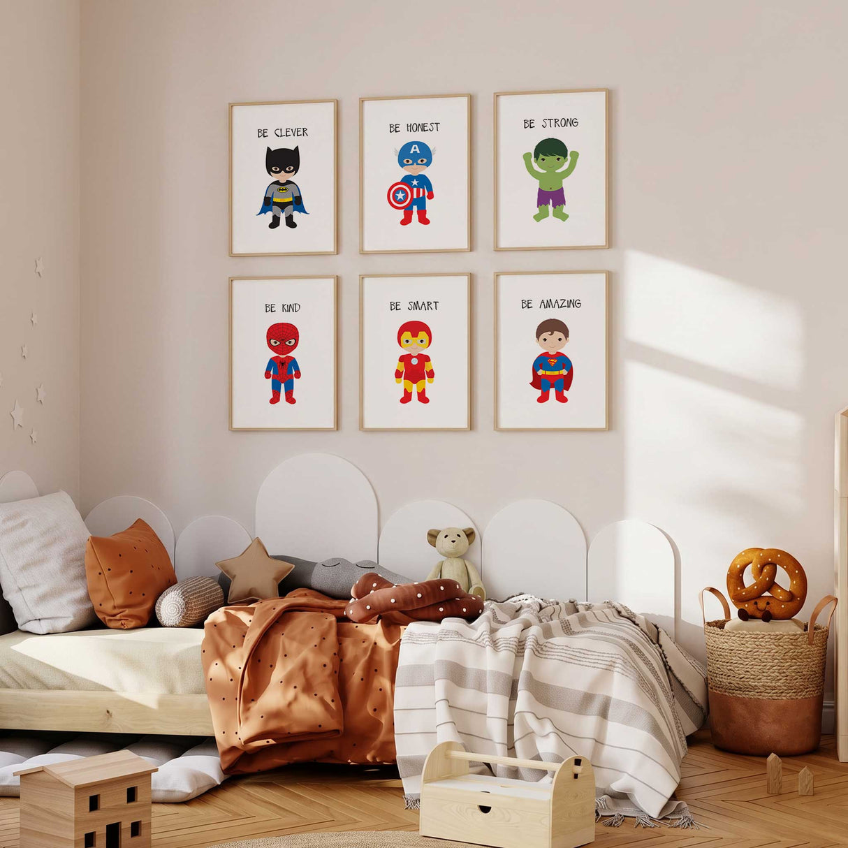 Set of six colourful superhero prints with illustrated heroes and positive messages for a boys bedroom