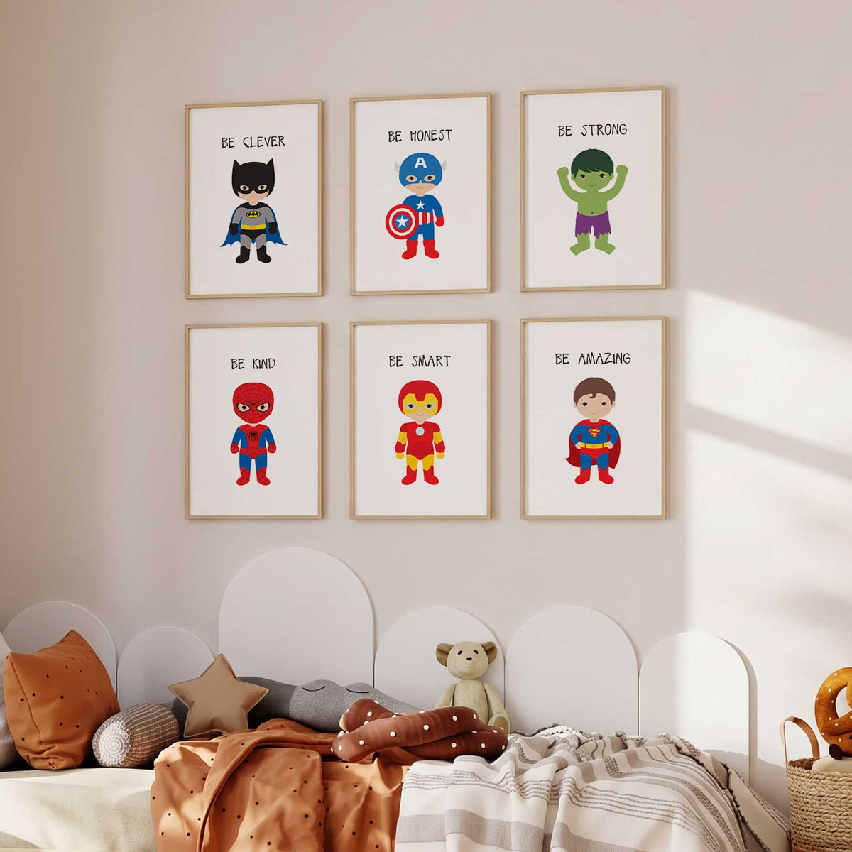 Set of six colourful superhero prints with illustrated heroes and positive messages for a boys bedroom