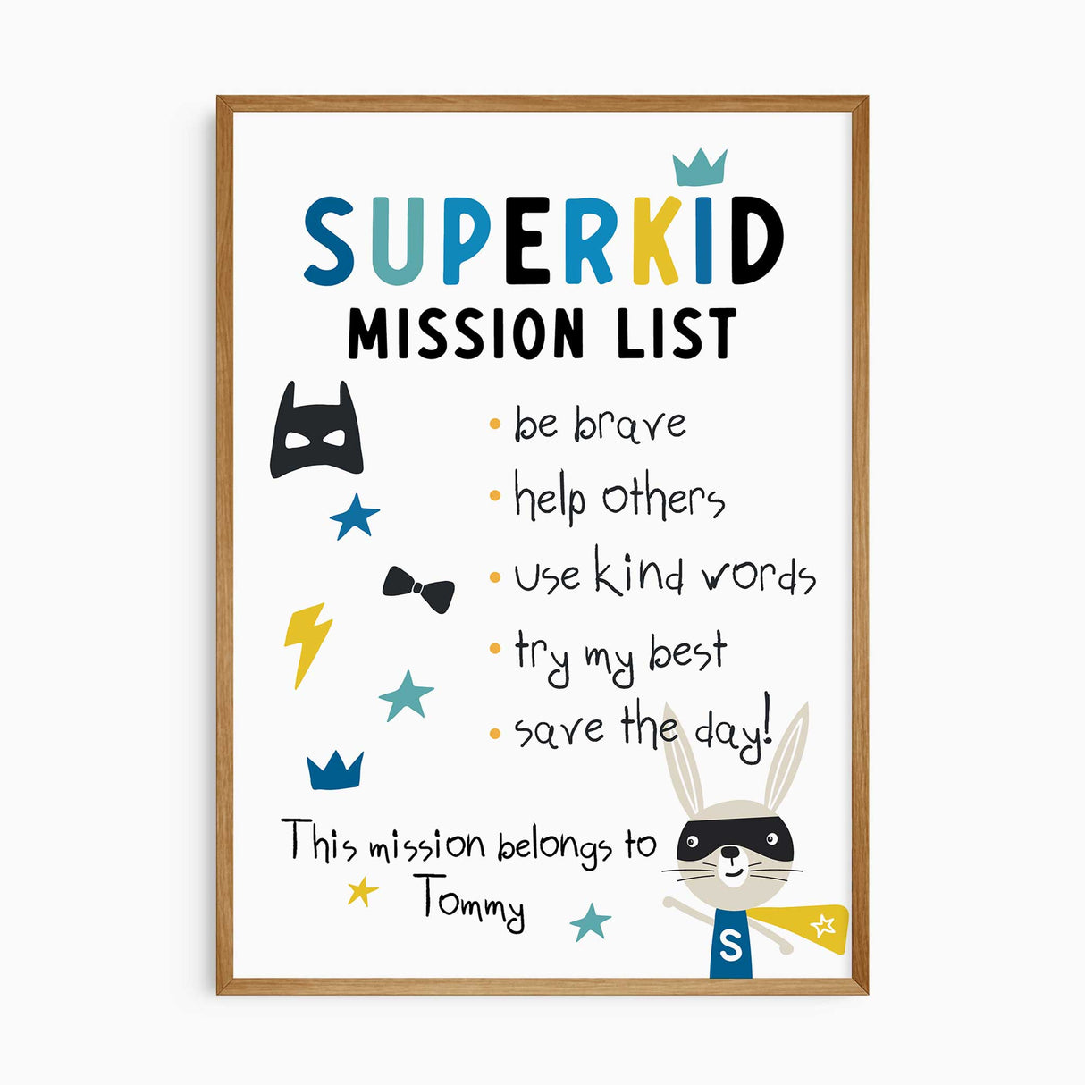 Personalised superhero mission list wall art for boys with bunny character