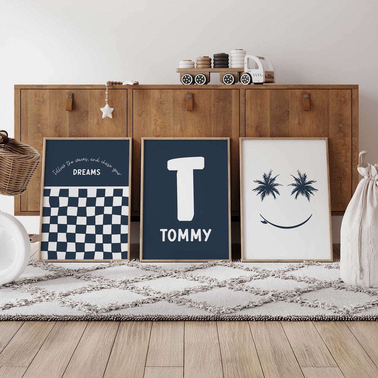 Surf-inspired boys room wall art prints with personalised name and beach-themed details