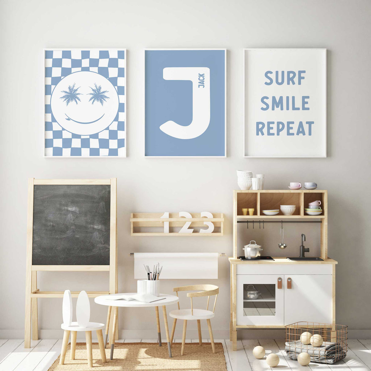 Surf themed nursery wall art set in calming blue tones
