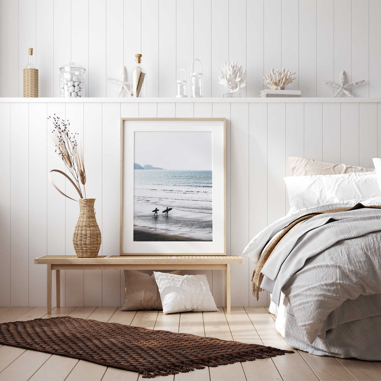 Tranquil ocean photography print in soft coastal tones with early morning surfers
