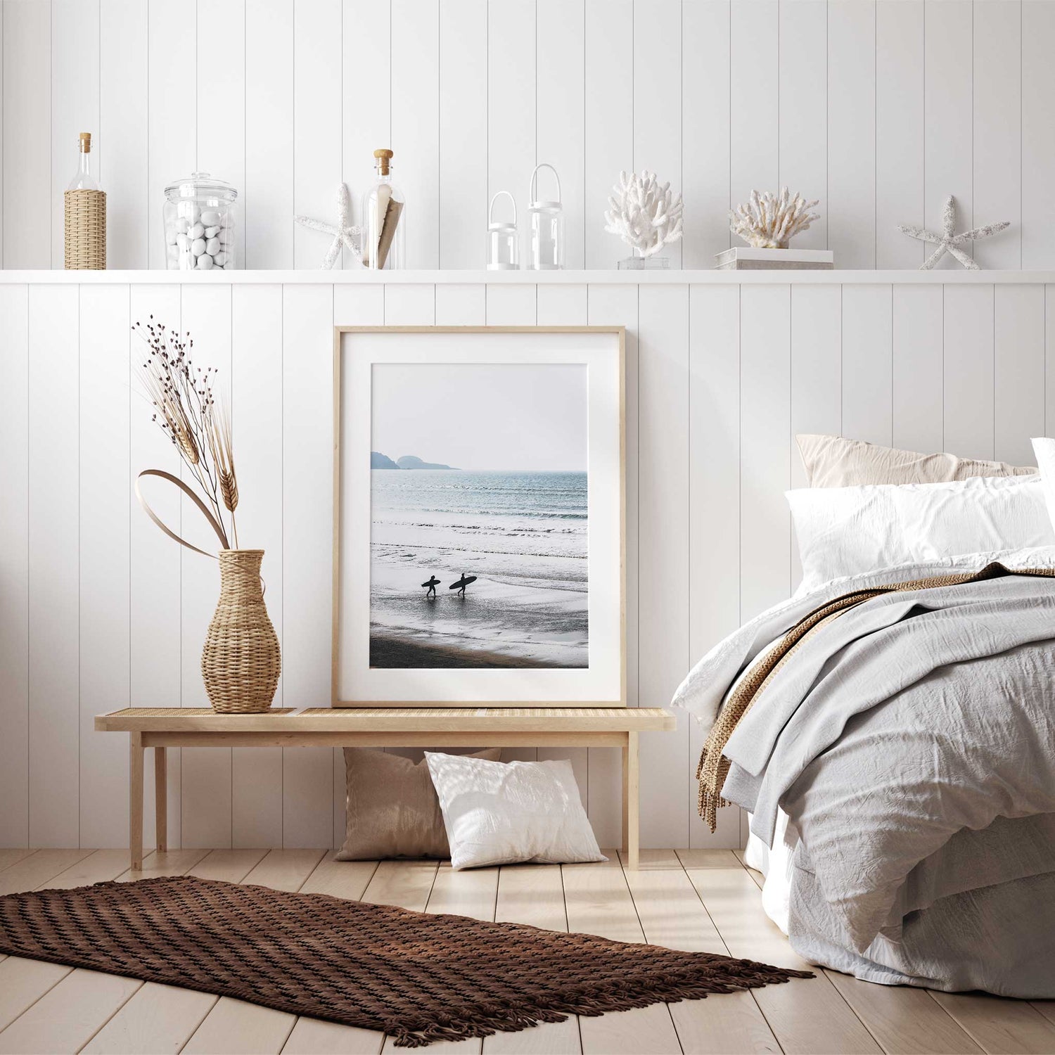 Tranquil ocean photography print in soft coastal tones with early morning surfers