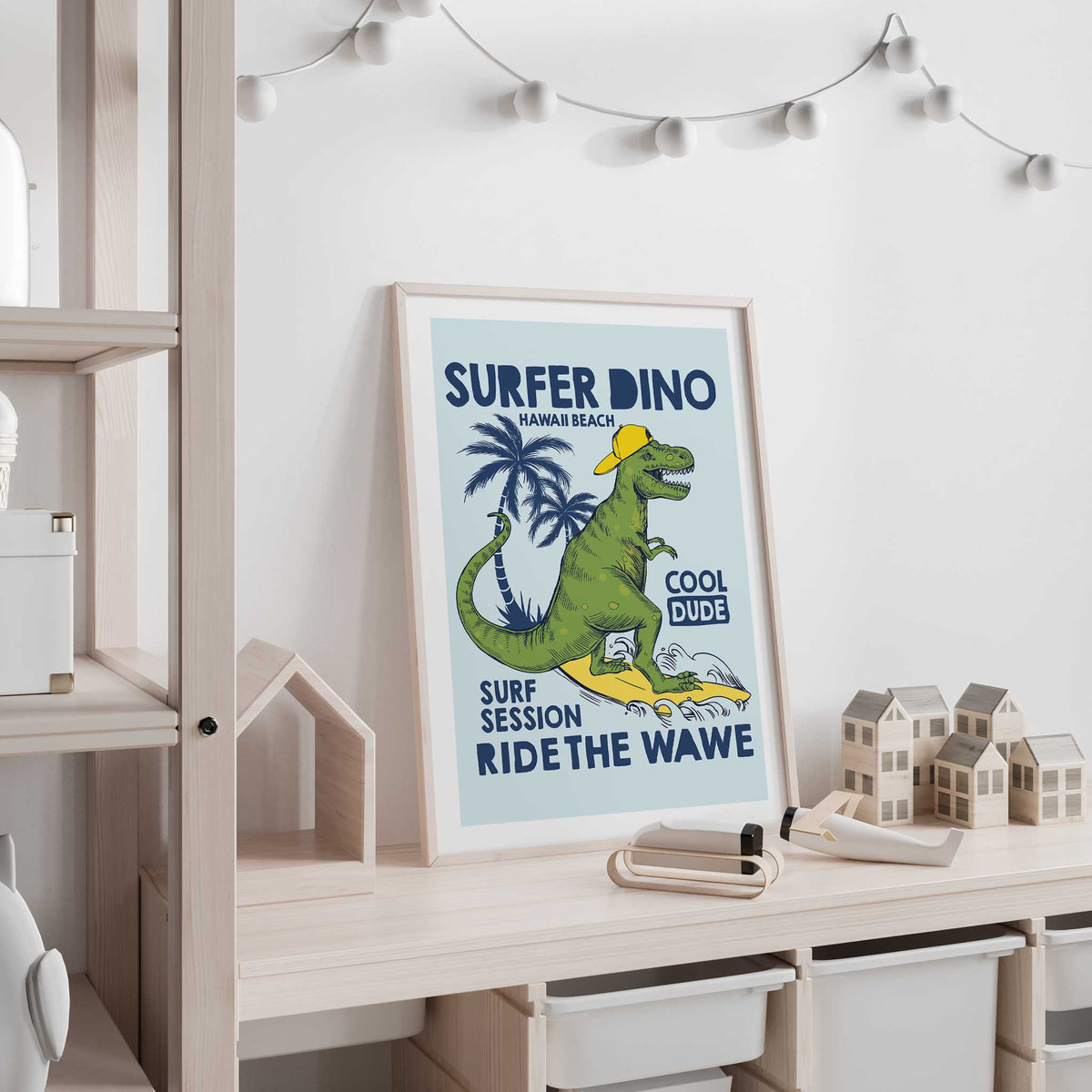 Colourful surfer dinosaur riding a wave, shown with a white border in the wall art design